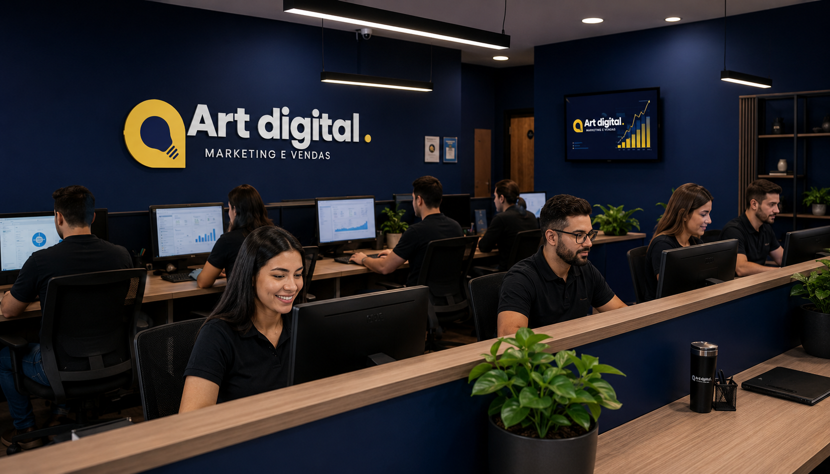 Escritório de marketing com equipe de atendimento